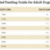 A table with the weight, height and daily amount of food for dogs.