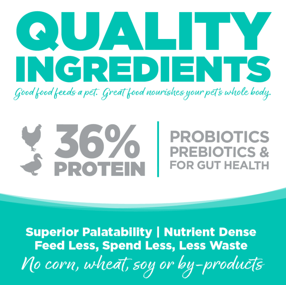 Pet food advertisement with quality ingredients.