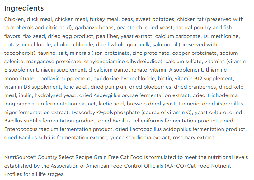 Cat food ingredients and nutritional information list.