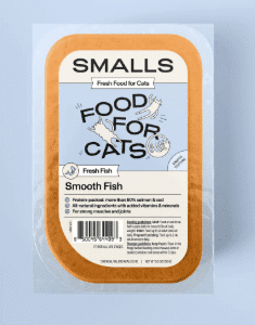 Cat food packaging labeled "Smalls Smooth Fish.