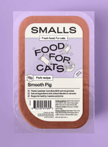 Cat food package labeled "Smooth Pig" pork recipe.