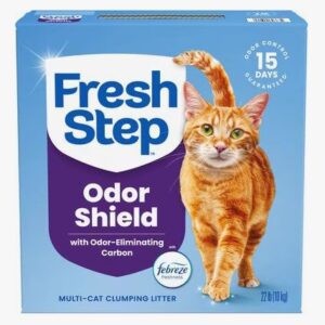 Fresh Step cat litter box with orange cat.