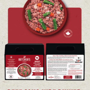 Beef sous-vide dinner packaging and meal.