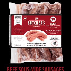 Packaged beef sous-vide sausages for dogs