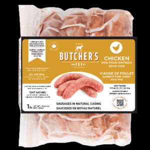 Vacuum-sealed chicken sausage dog food package