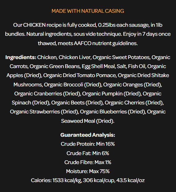 Chicken sausage ingredients and nutritional information.