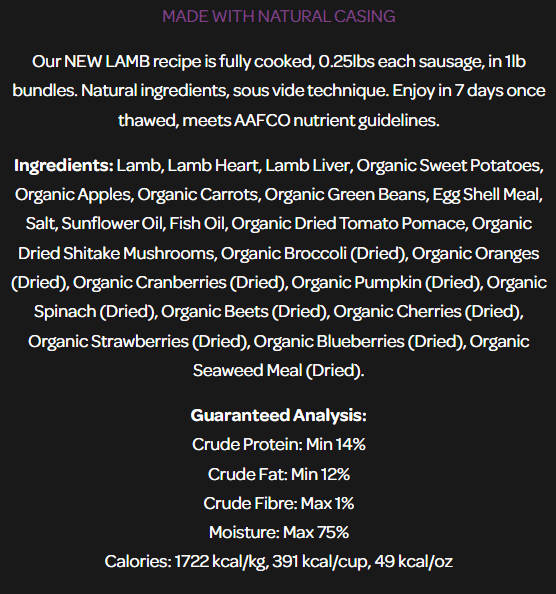 Lamb sausage ingredients and nutritional analysis text.