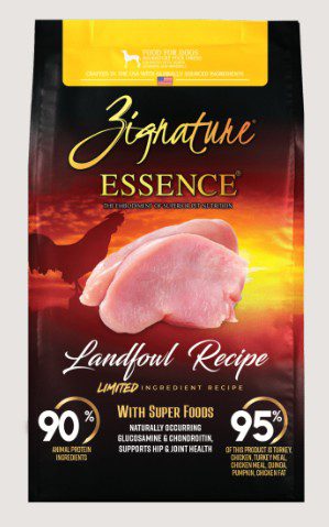 Pet food bag with poultry image.