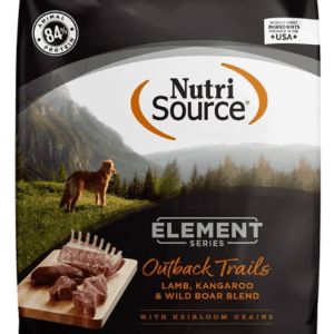 Dog food packaging with scenic background.