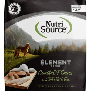 Dog food package with mountain background.