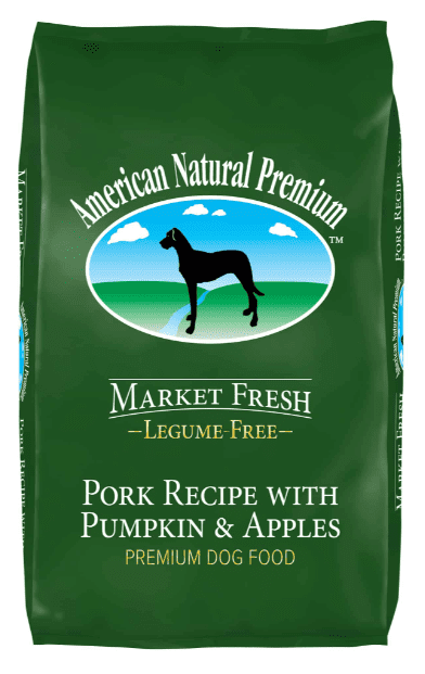 Green bag of premium dog food.