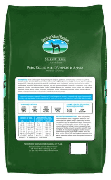 Green dog food bag with nutritional information.