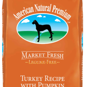 Orange dog food bag with turkey and pumpkin.