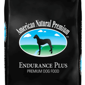 Black bag of premium dog food.