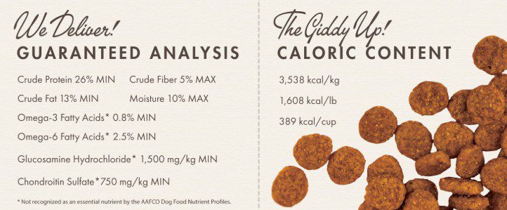 Dog food nutrition label and kibble pieces