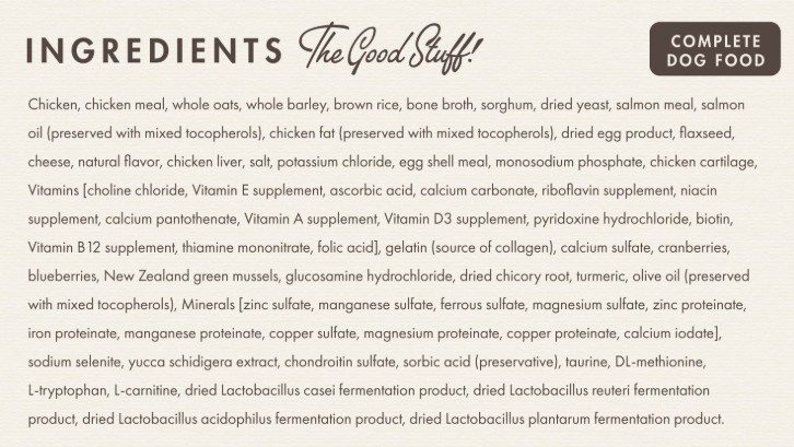 Complete dog food ingredients list label
