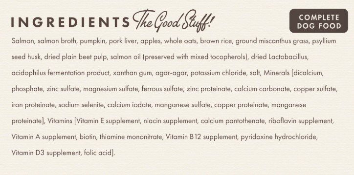 Complete dog food ingredients list with decorative header