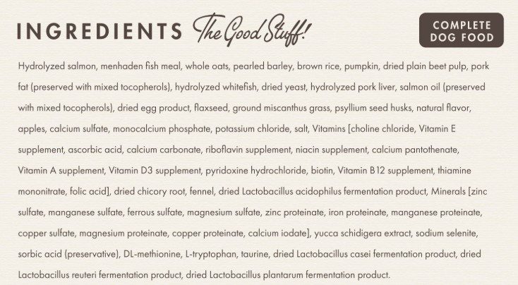 Ingredients label for complete dog food