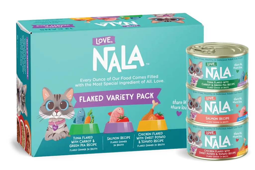 LOVE, NALA - Flaked Wet Cat Food Variety Pack - Tuna, Salmon & Chicken -2.8 oz,12 Cans