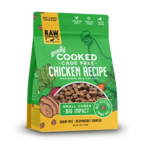 Green cooked chicken dog food bag with cubes