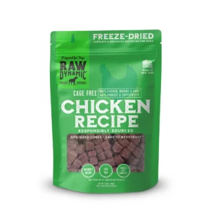Green bag of freeze-dried chicken dog food