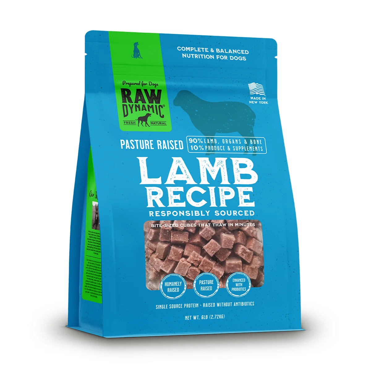 Blue bag of Raw Dynamic lamb dog food