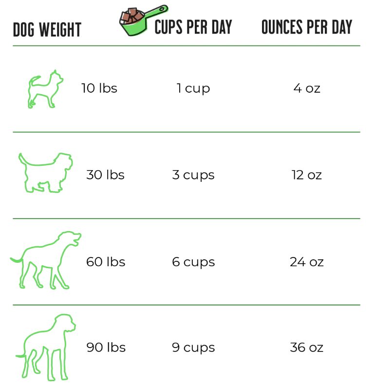 Dog food chart: weight, cups, ounces
