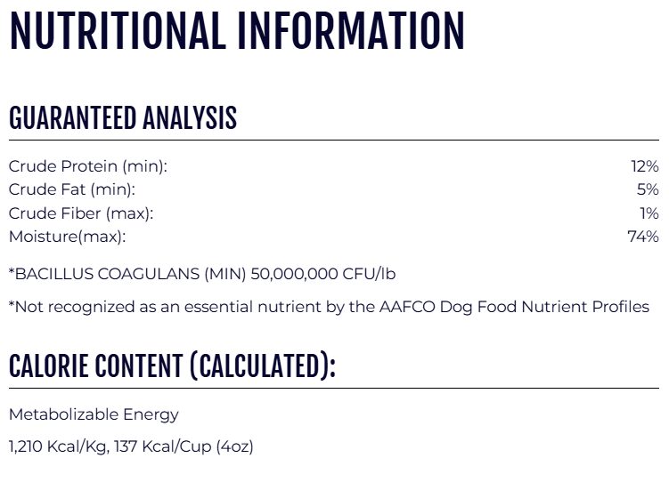 Dog food nutritional information and calorie content