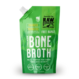 Green pouch of chicken bone broth for dogs