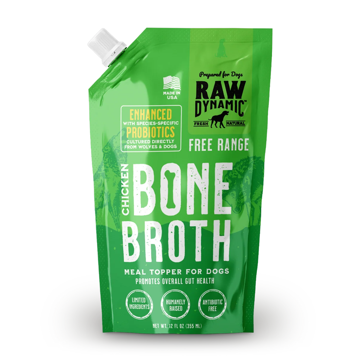 Green pouch of chicken bone broth for dogs