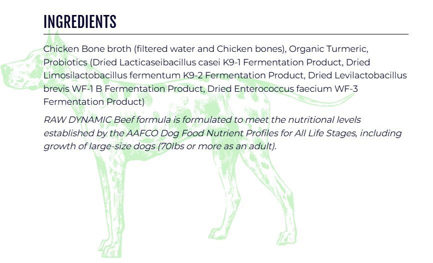 Dog food ingredients list with green dog silhouette