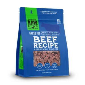 Blue bag of raw grass-fed beef dog food