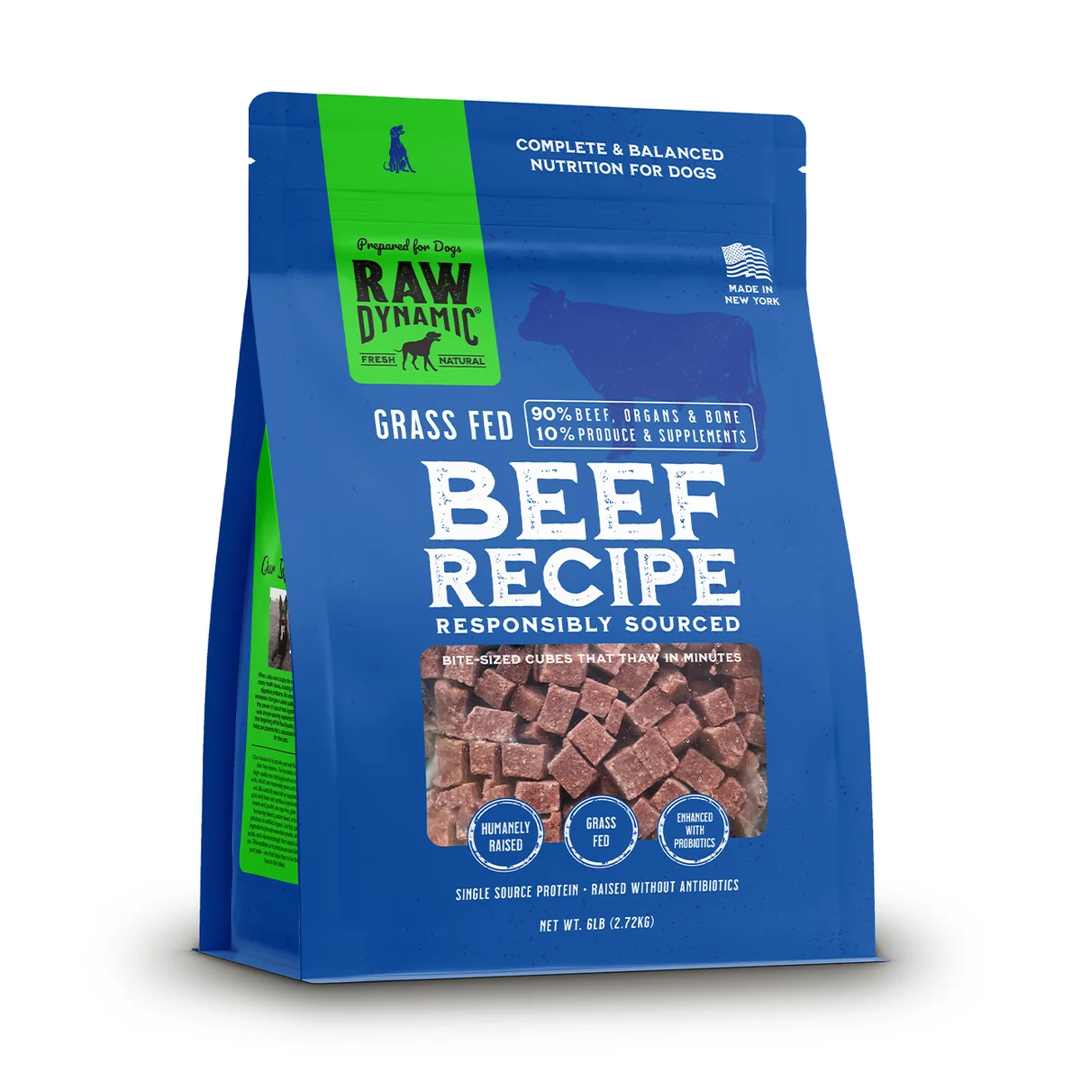 Blue bag of raw grass-fed beef dog food