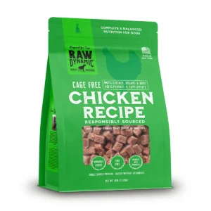 Green bag of cage-free chicken dog food