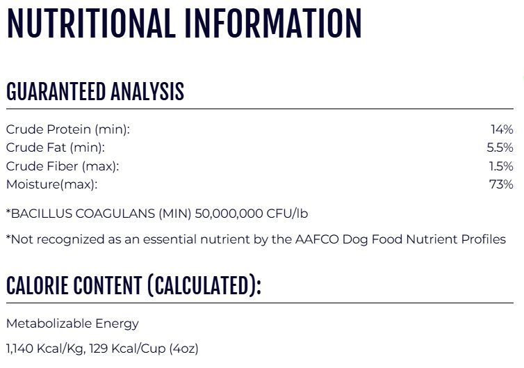 Dog food nutritional information label close-up