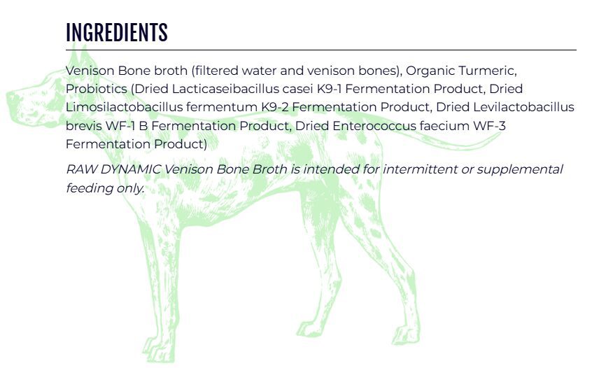 Venison bone broth ingredients label with dog silhouette