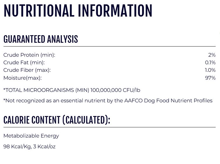 Dog food guaranteed analysis label with percentages